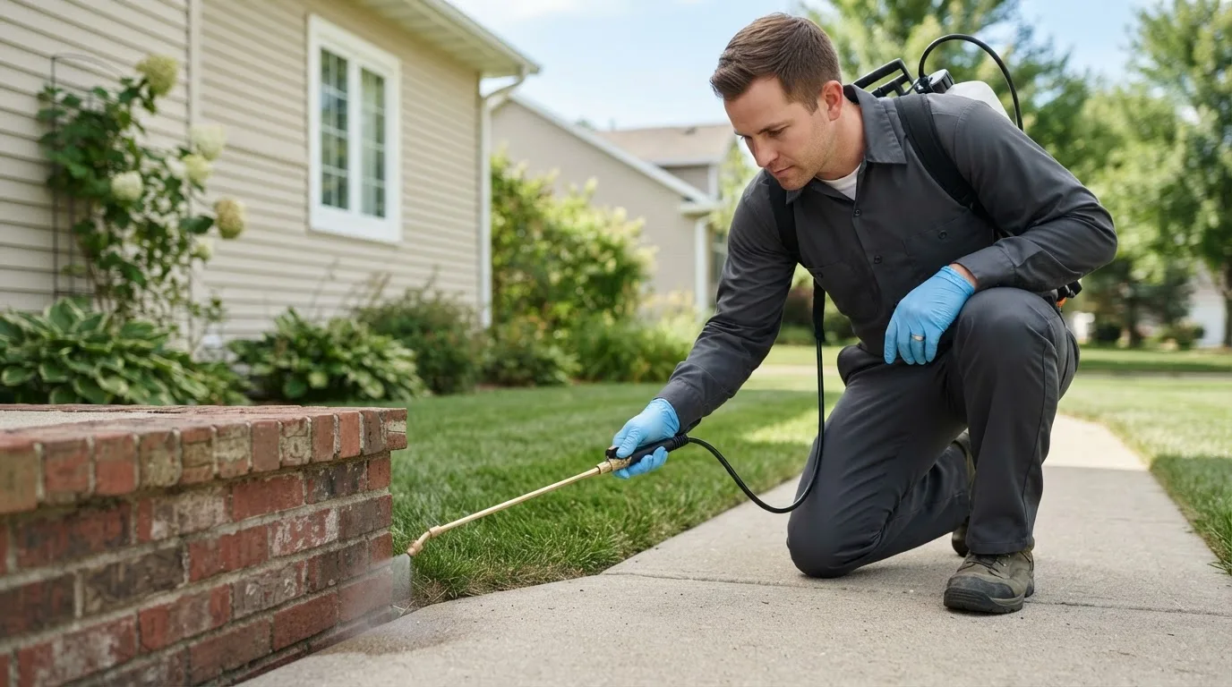 Pest control technician treating a home near Woodlawn, VA